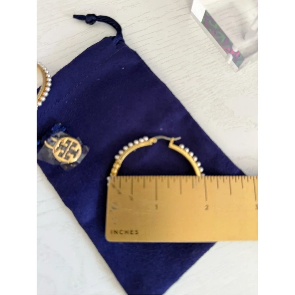 Tory Burch Britten Large T Logo Gold Tone Hoops Hoop Earrings w Imitation Pearls